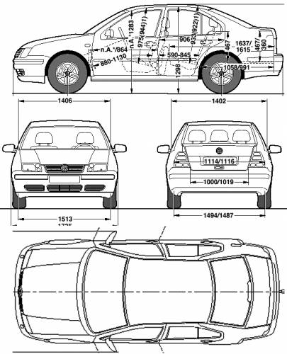 Volkswagen Bora 1999-2006 Dimensions Side View