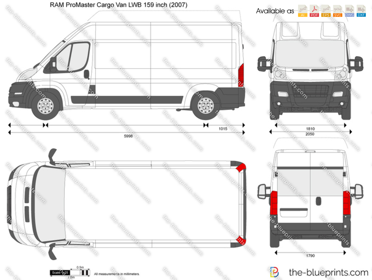 Ram Promaster Cargo Van Lwb 159 Inch Vector Drawing