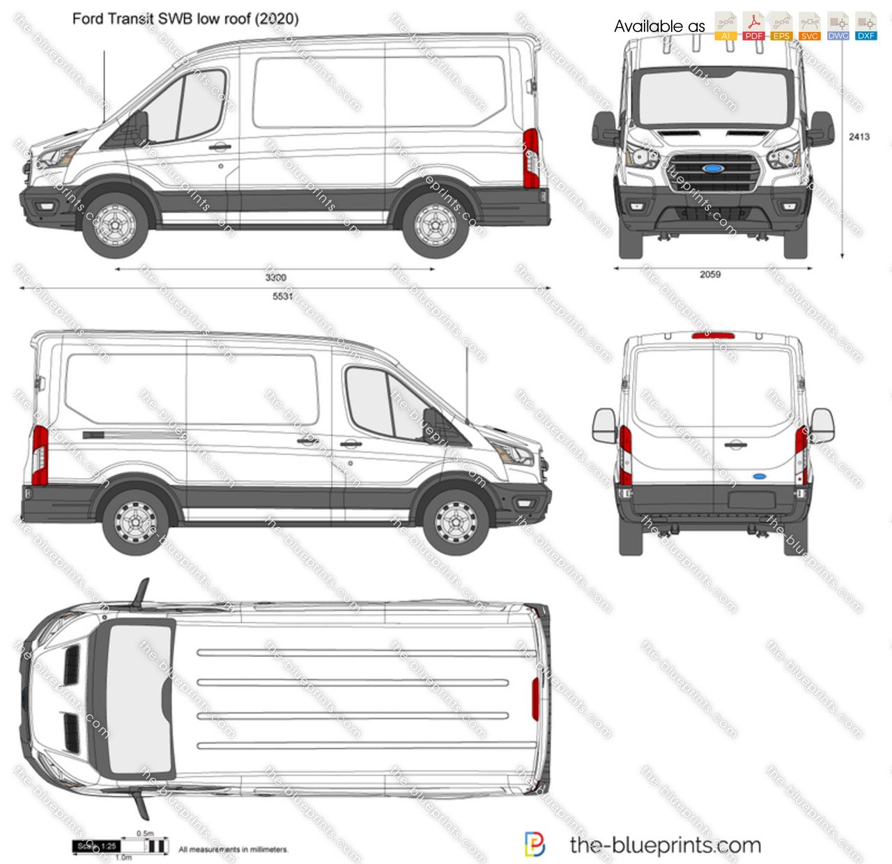 Ford Transit Swb Low Roof Vector Drawing