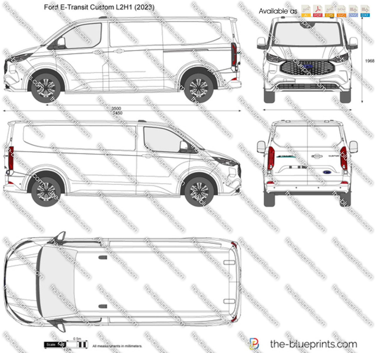 Ford E-Transit Custom L2H1 vector drawing